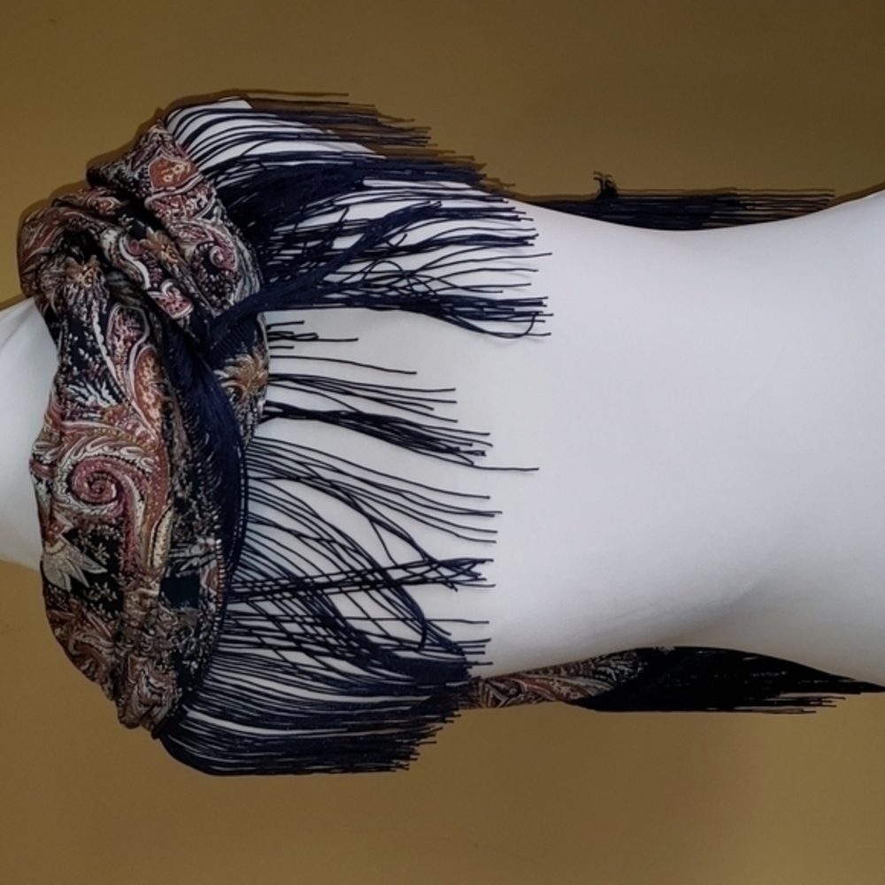 Gorgeous Navy Rust Cream‎ Paisley Scarf w/ Navy Blue Long Fringe - Picture 4 of 6